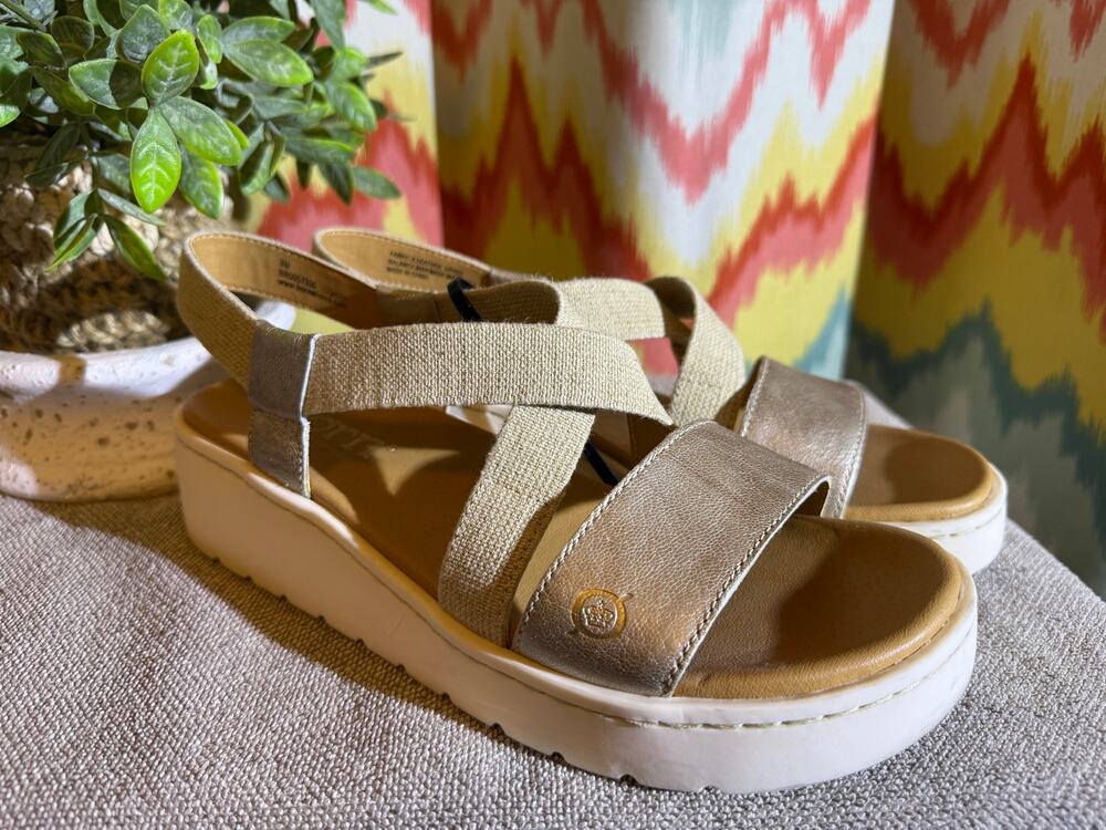 BORN Strappy Wedge Sandals Gold Metallic Tan  Stretchy womens size 9